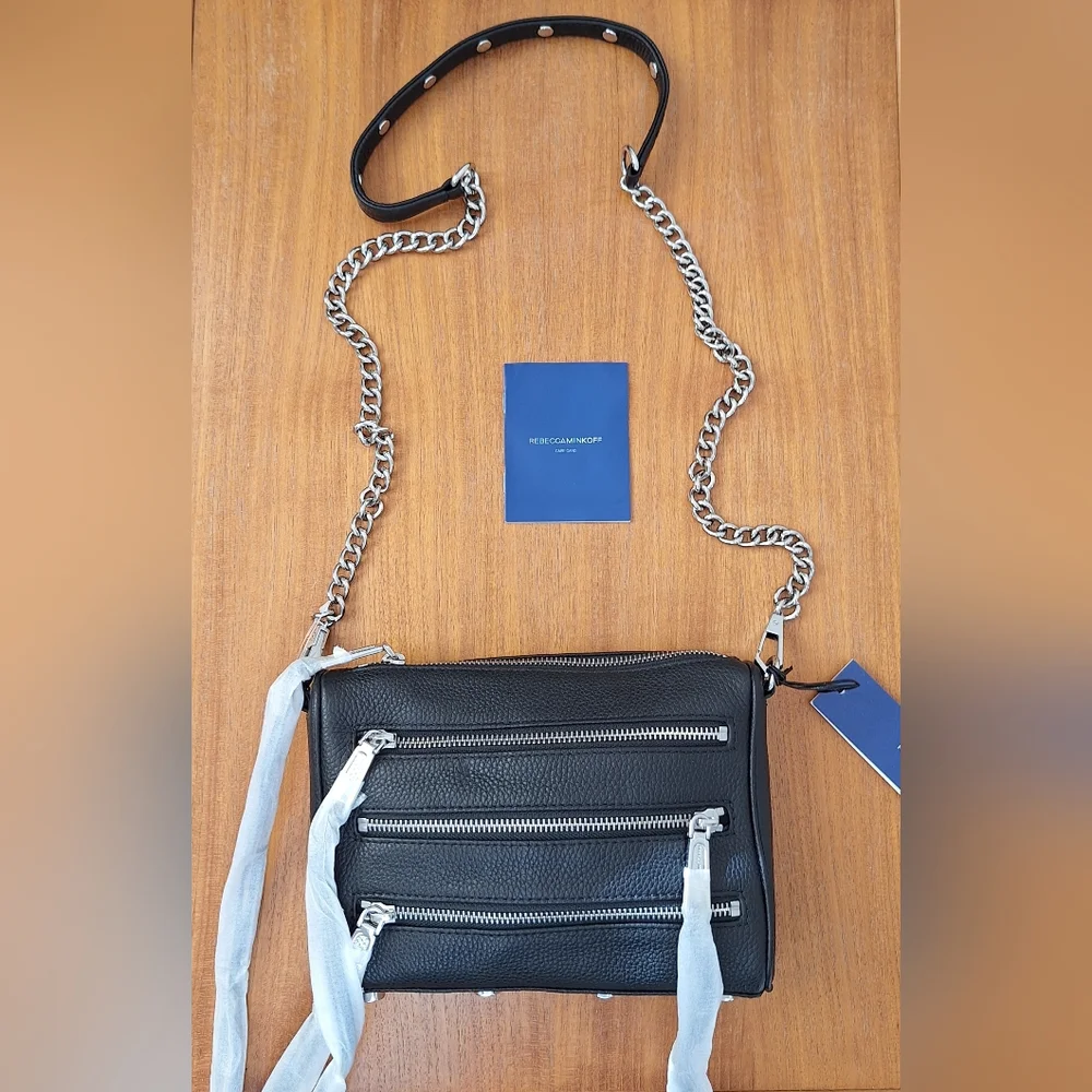 Rebecca Minkoff Mini 5 Zip Leather Crossbody Metal Chain Black Edgy Punk NEW - Picture 4 of 13